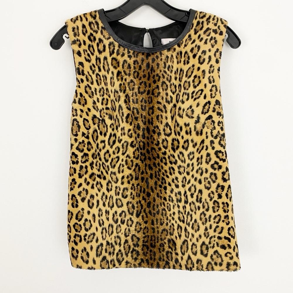 Milly size 6 Leopard Faux Fur and Leather Trim Sleeveless Crewneck Tank Top
